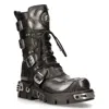 New Rock Silver Cross Black Leather Biker Boots-407-s1 In Black