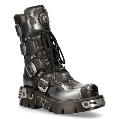 NEW ROCK FLAME ACCENTED BLACK/SILVER LEATHER BOOTS-591-S2