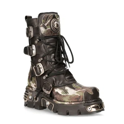 New Rock Flame Accented Camouflage Leather Biker Boots- M-591-s15 In Black
