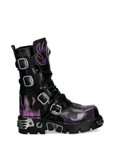 New Rock Flame-design Leather Boots In Black
