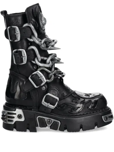 New Rock Flame-skull Chain Boots In Black