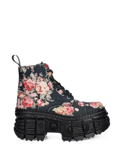 New Rock Floral-print Platform Ankle Boots In Black
