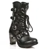 New Rock Ladies Black Leather Metallic Gothic Boots- Tr003-s1 In Black