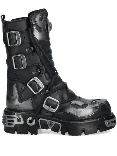 New Rock Leather Buckled Boots In Black