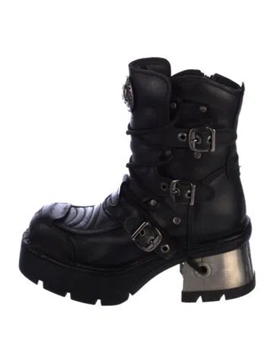 Pre-owned New Rock Leather Combat Boots In Black