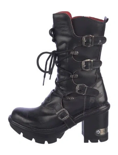 Pre-owned New Rock Leather Combat Boots In Black