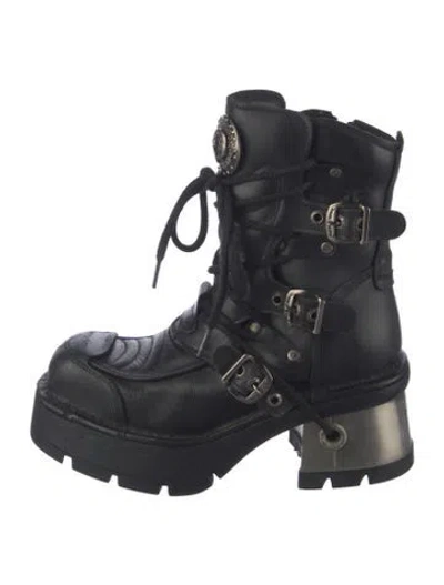 Pre-owned New Rock Leather Combat Boots In Blue
