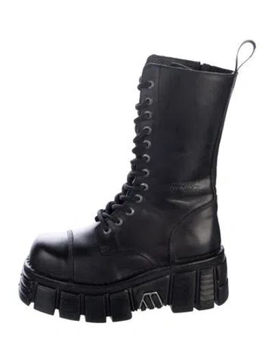 Pre-owned New Rock Leather Printed Combat Boots In Black