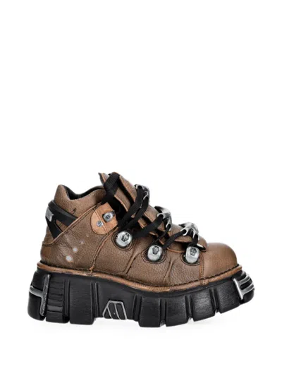New Rock Logo-plaque Platform Boots In Brown