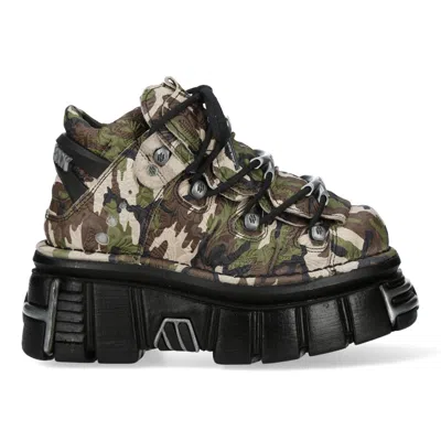 New Rock M-106-c169 Camouflage Leather Metallic Gothic Ankle Boots In Green