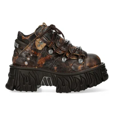 New Rock M-106-c194 Brown Flame Leather Gothic Ankle Platform Boots