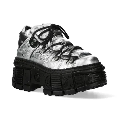 New Rock M-106wall-c29 Metallic Silver Black Leather Gothic Ankle Boots