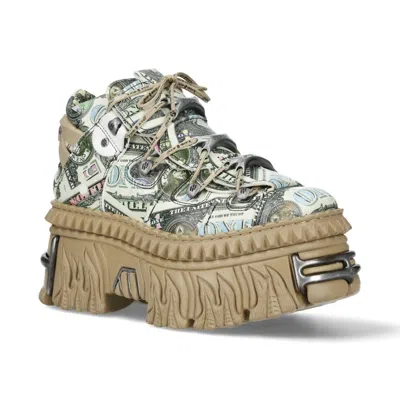 New Rock M-106wall-c49 Dollar Bill Print Leather Platform Ankle Boots In Multi