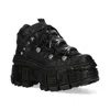 New Rock 106n-s52 Tower Shoes Metallic Black Leather Biker Punk Gothic Boots In Black
