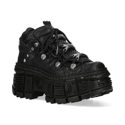 NEW ROCK M-106WALL-C65 PYTHON BLACK LEATHER PLATFORM ANKLE BOOTS