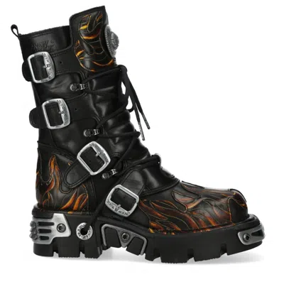 NEW ROCK M-591-C58 MID-CALF HIGH BLACK FLAME LEATHER METALLIC GOTHIC BOOTS