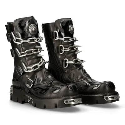 New Rock M.727.s1 Leather Skull Flame Reactor Boots In Black