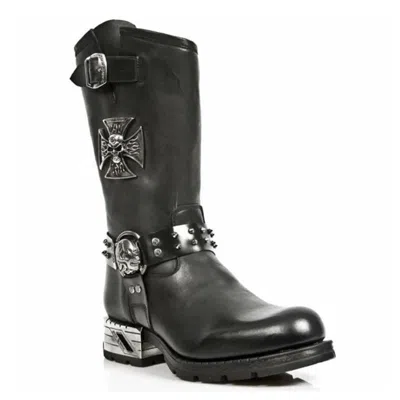 New Rock Men's Black Leather Gothic Cowboy Boots- Mr030-s1
