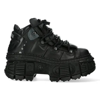 NEW ROCK METALLIC ANKLE BLACK LEATHER BOOTS-WALL106-S12