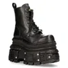 New Rock Metallic Black Leather Military Boots- Mili083cct-c4 In Black