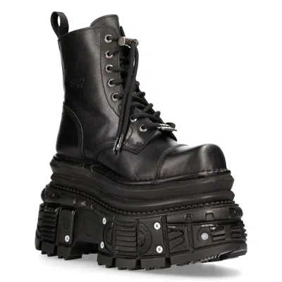 New Rock Metallic Black Leather Military Boots- Mili083cct-c4