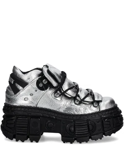 New Rock Metallic Leather Platform Sneakers In Gray