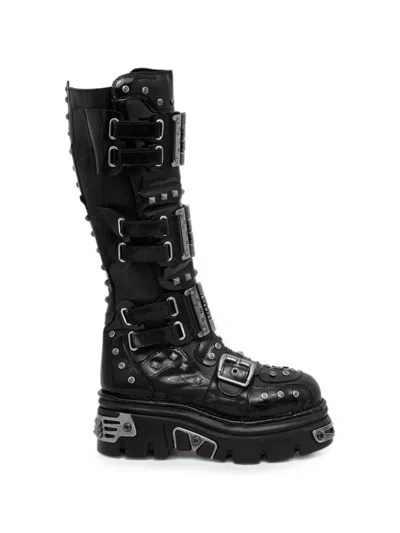 New Rock Metallic Studded Buckled Boots In Black