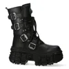 New Rock Mid-calf Leather Goth Boots-wall373-s5 In Black