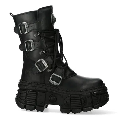 New Rock Mid-calf Leather Goth Boots-wall373-s5 In Black