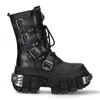 New Rock Mid-calf Leather Platform Boots-wall373-s3 In Black