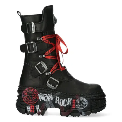 New Rock Mid Calf Punk Leather Boots-wall028b-c1 In Black