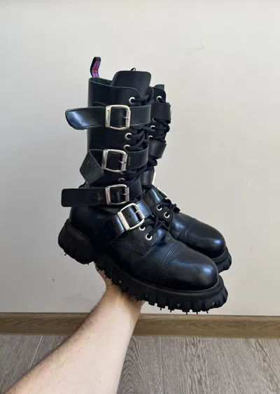 Pre-owned New Rock Nevermind Leather Belted Boots  Style 90's In Black