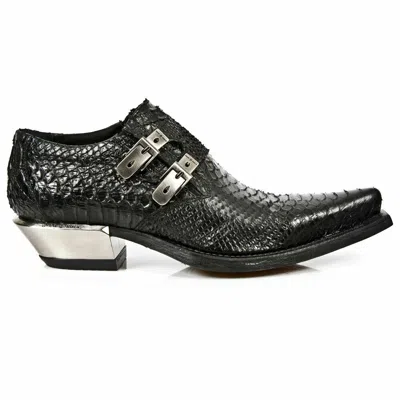 Pre-owned New Rock Newrock 7934-s2 Mens Embossed Python Black Leather Shoes Buckle Steel Heel Boot