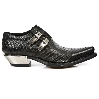 Pre-owned New Rock Newrock 7934-s2 Mens Embossed Python Black Leather Shoes Buckle Steel Heel Boot