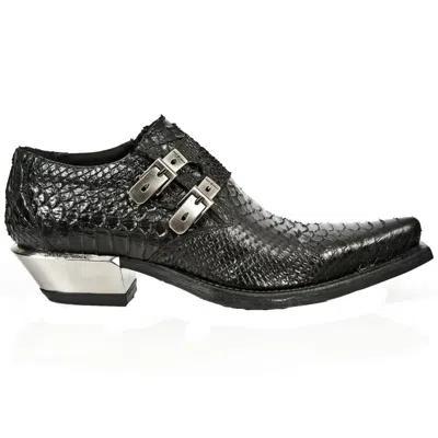 Pre-owned New Rock Newrock 7934-s2 Mens Embossed Python Black Leather Shoes Buckle Steel Heel Boot