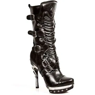 Pre-owned New Rock Newrock M.punk001 C1 Black Exclusive Rock Punk Gothic Boots - Womens