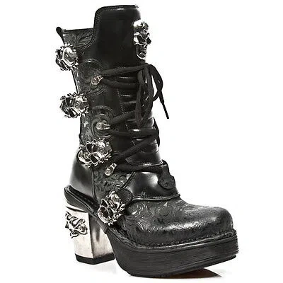 Pre-owned New Rock Newrock M.8366 S1 Black - Rock Punk Gothic Biker Boots Flower Print - Womens