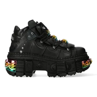 New Rock Platform Leather Ankle Boots-wall106-s23 In Black