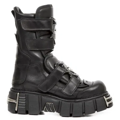 New Rock Punk Mid Calf Black Leather Boots-m-422-s1
