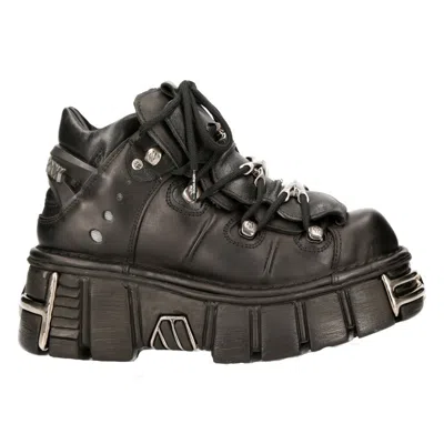 Pre-owned New Rock Rock 106-s1 Unisex Metallic Black Classic Leather Biker Gothic Boots