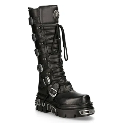 Pre-owned New Rock Rock 272-s1 Black Boots Metallic Goth Knee High Zip Leather Buckle Boots In Gray