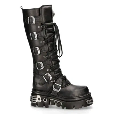 Pre-owned New Rock Rock 272-s1 Metallic Black Goth Knee High Zip Boot Leather Buckle Boots