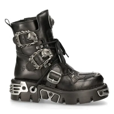 Pre-owned New Rock Rock 407-s1 Silver Cross Boots Black Leather Gothic Punk Biker Shoes