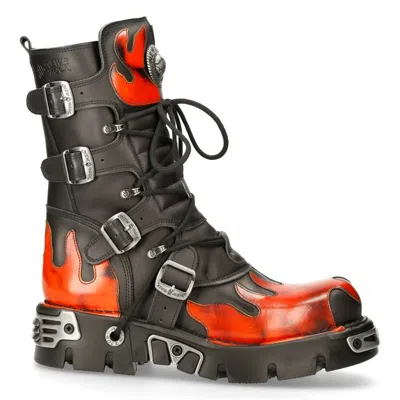 Pre-owned New Rock Rock 591-s1 Red Flame Boots Metal Black Leather Heavy Punk Gothic Boots