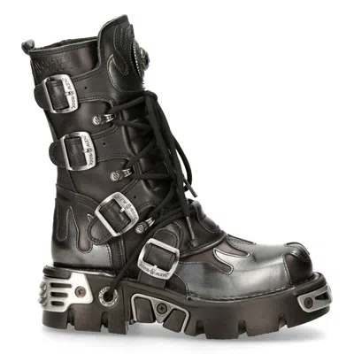 Pre-owned New Rock Rock 591-s2 Silver Flame Boots Metal Black Leather Heavy Punk Gothic Boots