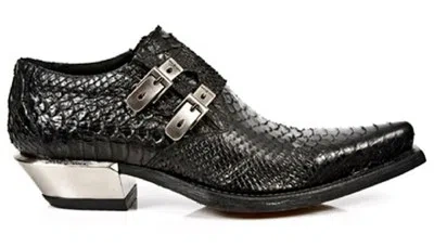 Pre-owned New Rock Rock 7934-s2 Embossed Python Black Leather Buckle West Steel Heel Shoes Boot