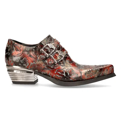 Pre-owned New Rock Rock 7960-s5 Embossed Vintage Black, Red Leather Buckle Steel Heel Shoes
