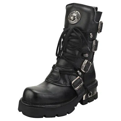 Pre-owned New Rock Rock Block-heel In Metal-look Unisex Black Platform Boots - 10.5 Us