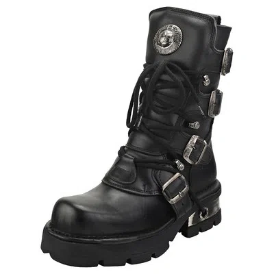 Pre-owned New Rock Rock Block-heel In Metal-look Unisex Black Platform Boots - 8 Us
