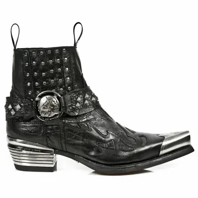 Pre-owned New Rock Rock Boots 7950p-s1 Black Ankle Western Goth Strap Skull Studded Metal Boot